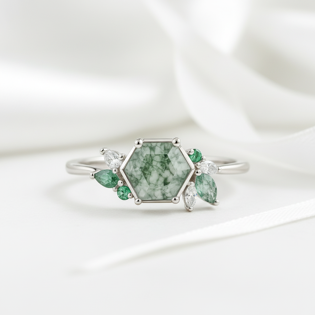 Dewdrop's Embrace- Hexagon Cut Moss Agate & Alexandrite Engagement Ring