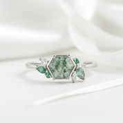 Dewdrop's Embrace- Hexagon Cut Moss Agate & Alexandrite Engagement Ring
