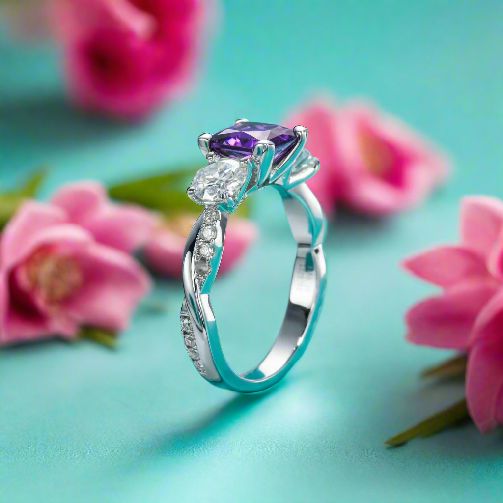 Silver ring with purple gemstone on a turquoise background