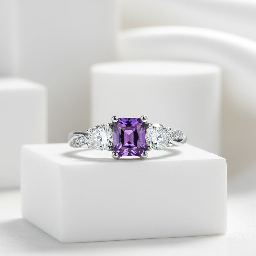 1.5 Ct Princess Cut Amethyst Three Stone Engagement Ring-Evani Jewelry