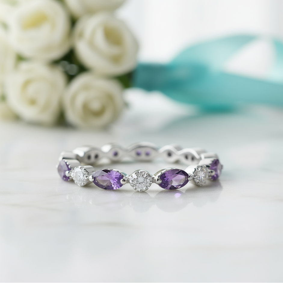 Silver ring with purple gemstones on a light background