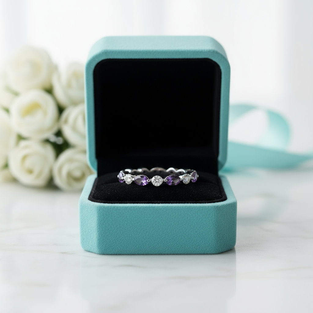 Round Cut Amethyst Antique Milgrain Eternity Band