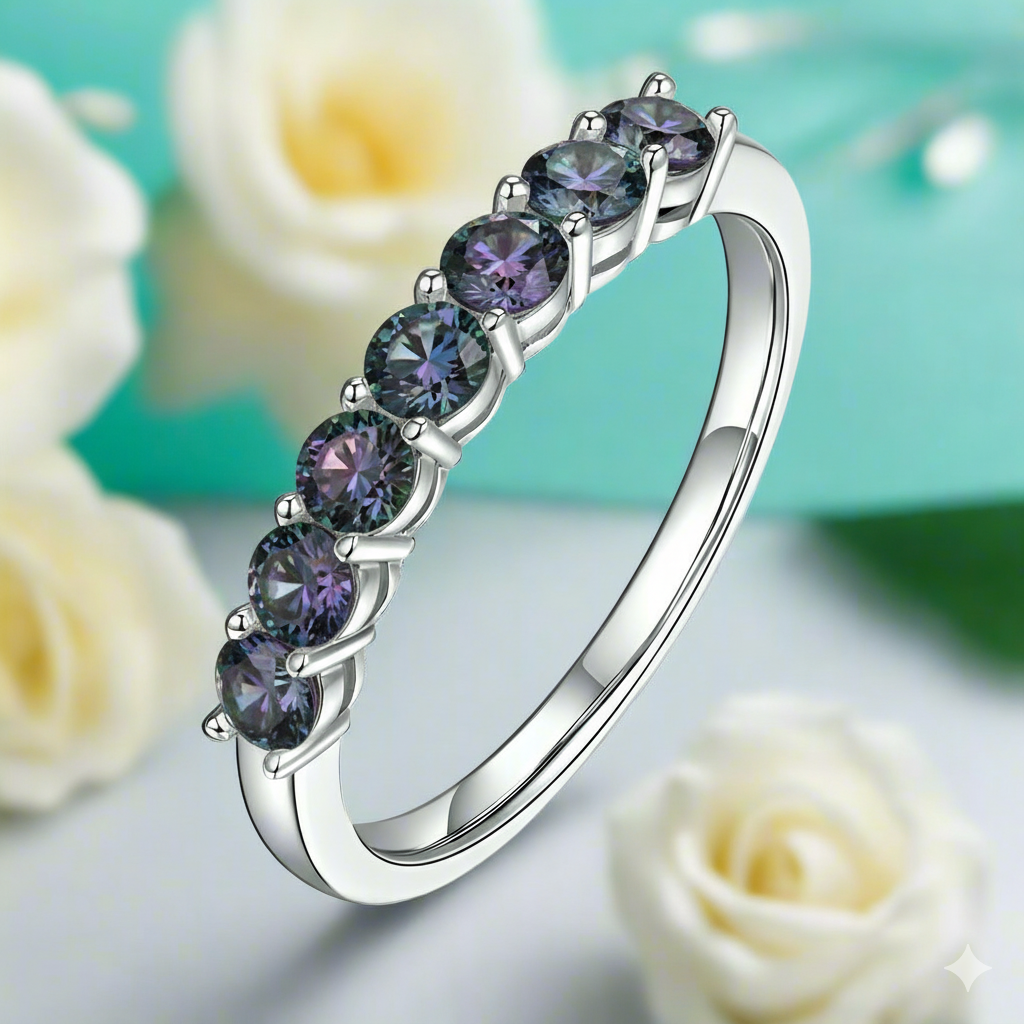 Silver ring with purple gemstones on a light background with white roses