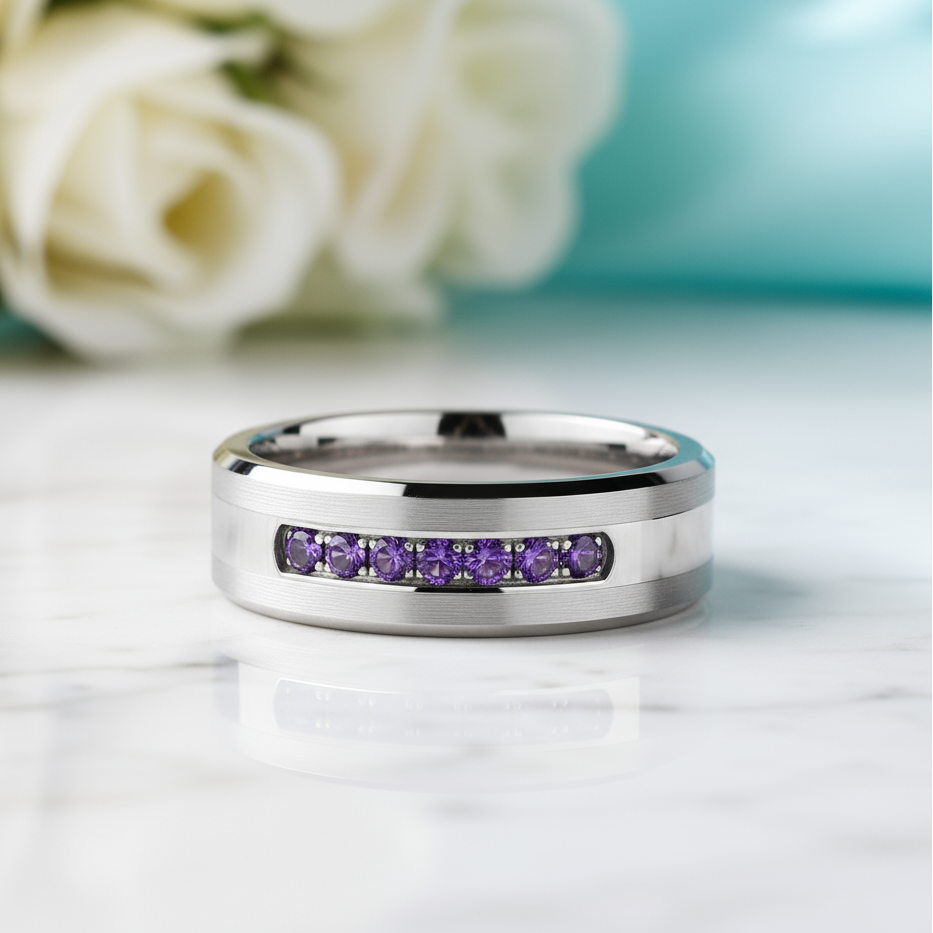 Amethyst 8mm Tungsten Carbide Men's Wedding Band-Evani Jewelry