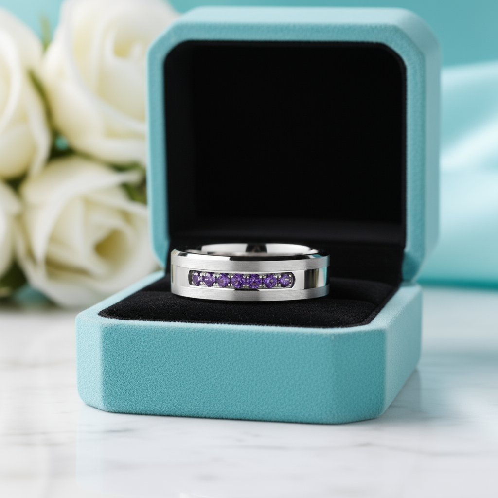 Amethyst 8mm Tungsten Carbide Men's Wedding Band-Evani Jewelry