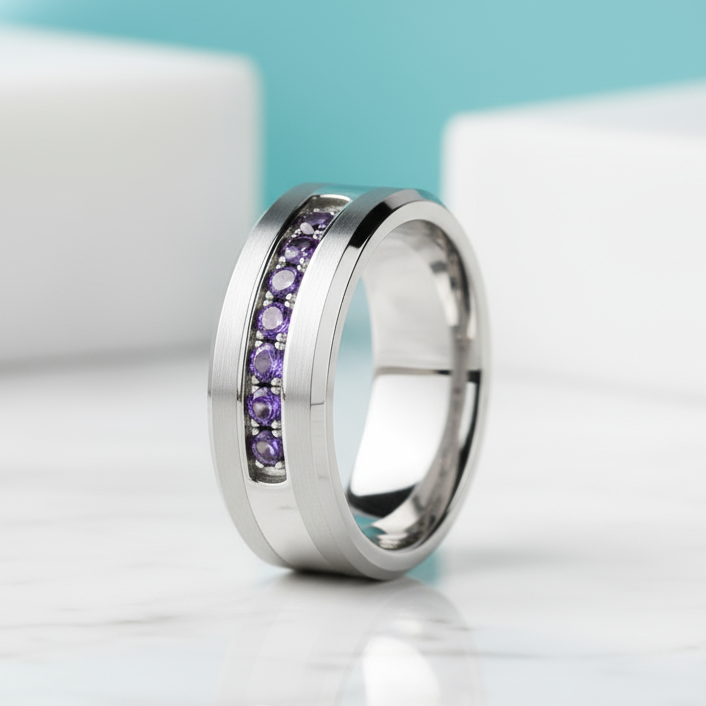 Amethyst 8mm Tungsten Carbide Men's Wedding Band-Evani Jewelry
