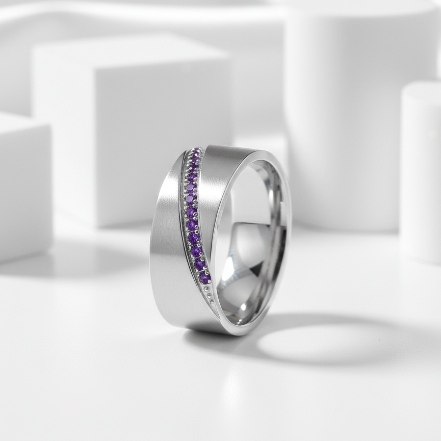 Unisex Amethyst Titanium Eternity Wedding Band-Evani Jewelry