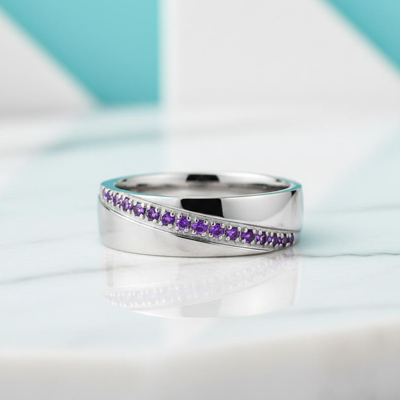 Unisex Amethyst Titanium Eternity Wedding Band-Evani Jewelry