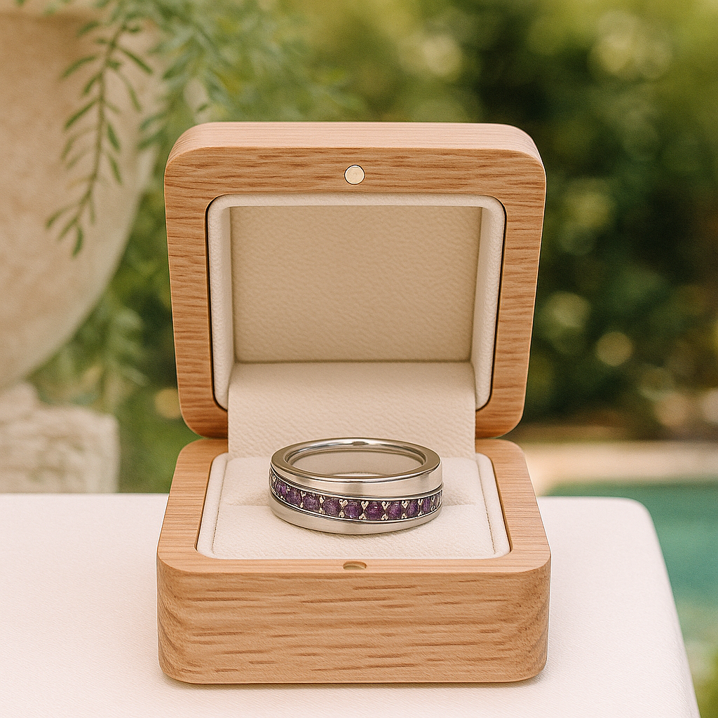 Silver ring with purple stones in a wooden box against a blurred natural background