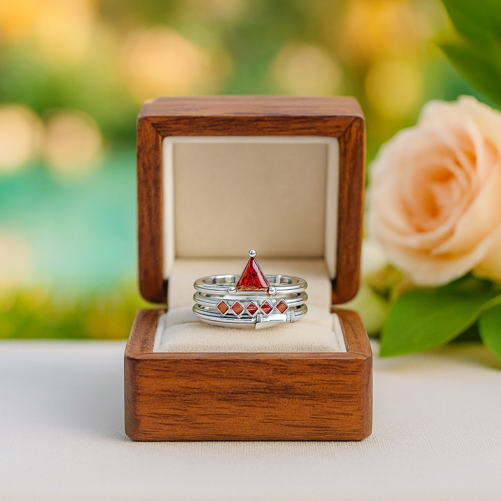 Silver ring with red gemstone in a wooden box, surrounded by flowers