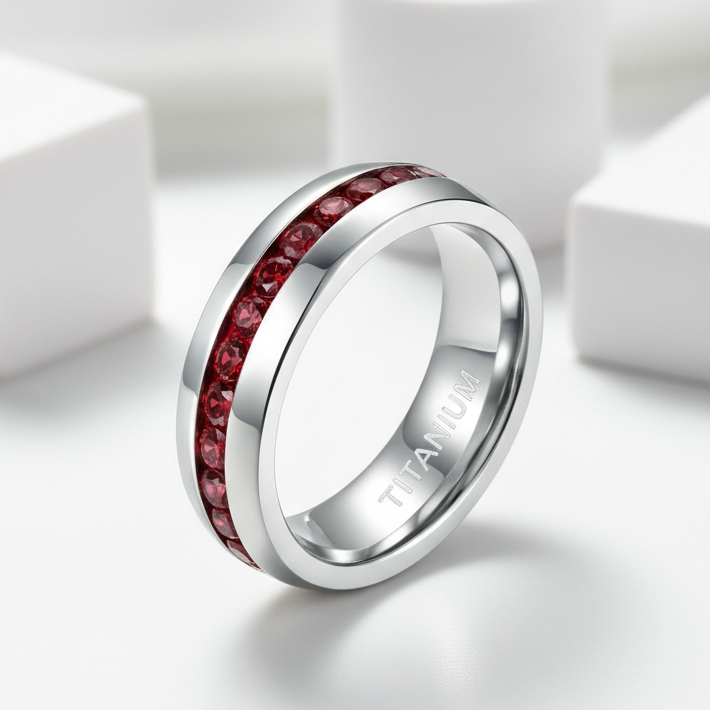 Elegant Titanium Ruby Birthstone Wedding Band-Evani Jewelry
