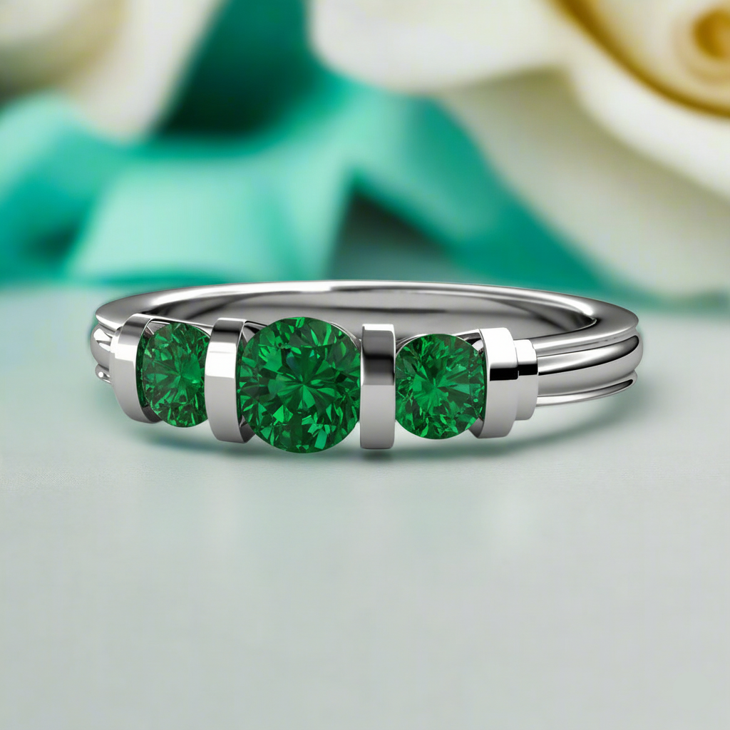 Silver ring with three green gemstones on a light background