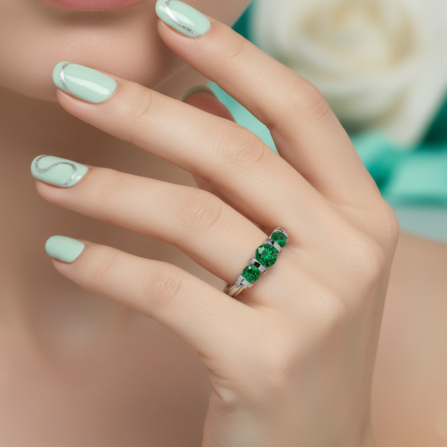 Silver ring with three green gemstones on a light background