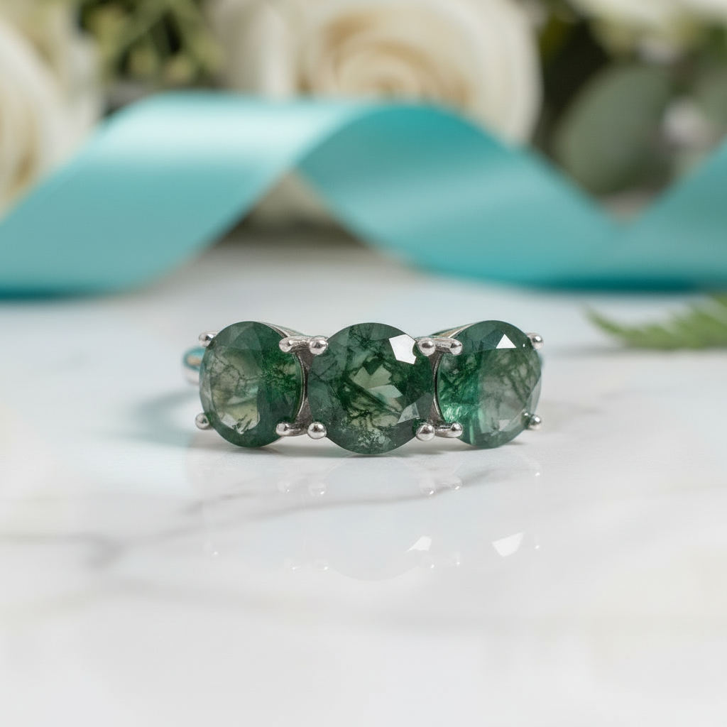Undying Ever After- Three Stones Natural Moss Agate Ring - Evani Naomi Jewelry