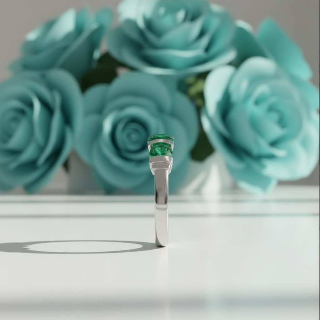 Silver ring with three green subject on a white table with tiffany colored flowers on display in the background with shadow on a white background