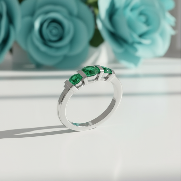 Silver ring with three green subject on a white table with tiffany colored flowers on display in the background with shadow on a white background