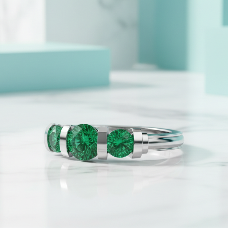 2.4 Ct Round Cut Three Stone Emerald Bar Engagement Ring-Evani Jewelry
