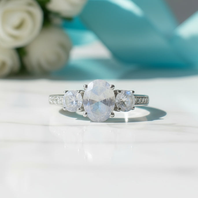 Silver ring with three moonstone gemstones on a white background