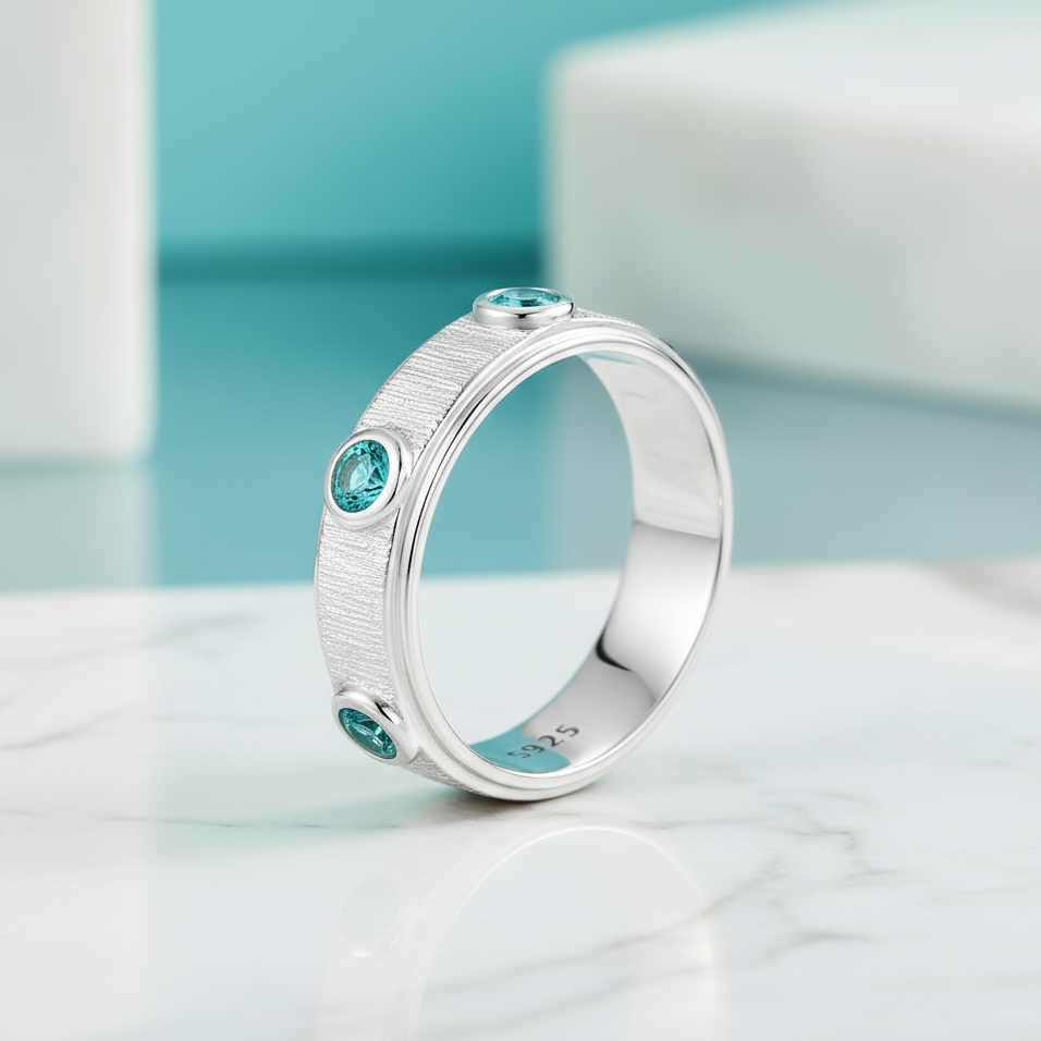 Round Aquamarine Eternity Love Wedding Band-Evani Jewelry