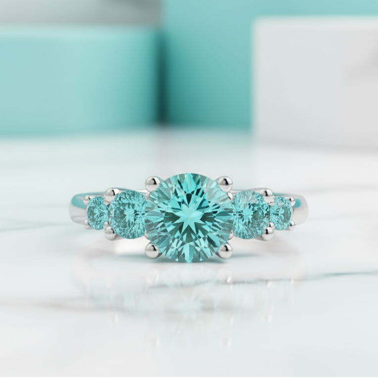3.0 Ct Round Cut Five Aquamarine Engagement Ring-Evani Jewelry