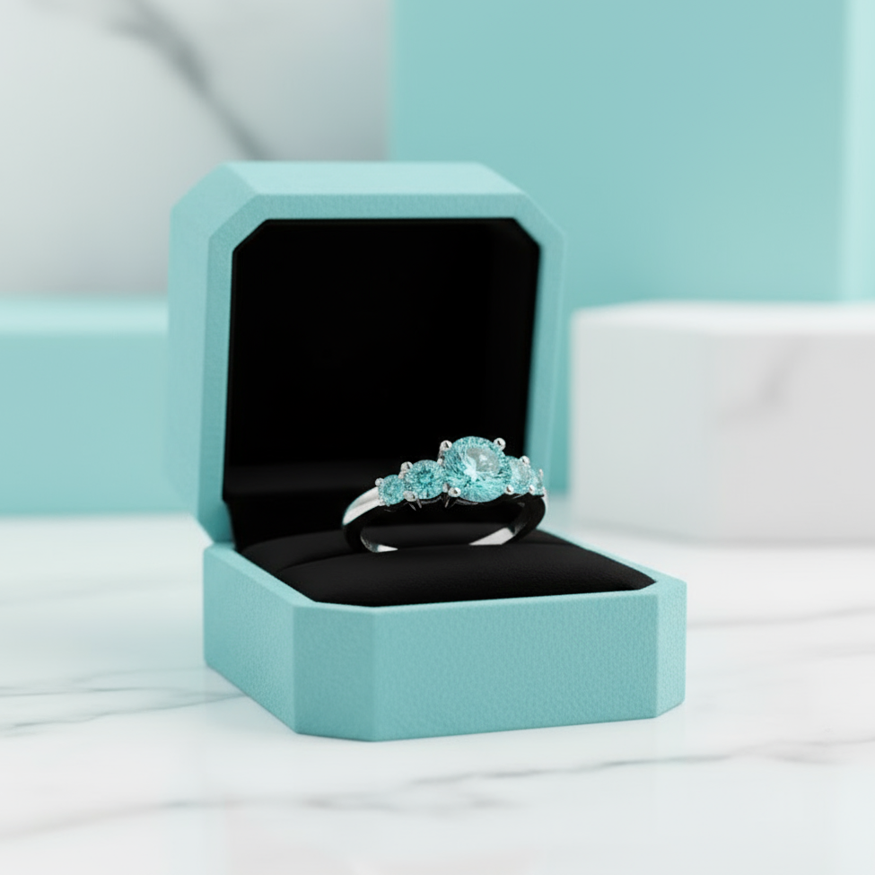 3.0 Ct Round Cut Five Aquamarine Engagement Ring-Evani Jewelry