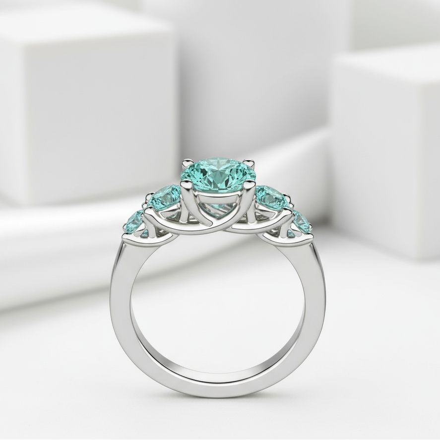 3.0 Ct Round Cut Five Aquamarine Engagement Ring-Evani Jewelry