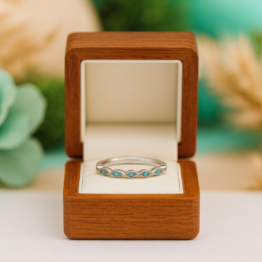 Silver ring with turquoise stones in an open wooden box against a blurred floral background