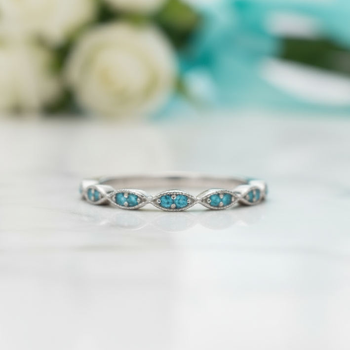 Scalloped Round Cut Aquamarine Stackable Wedding Band-Evani Jewelry