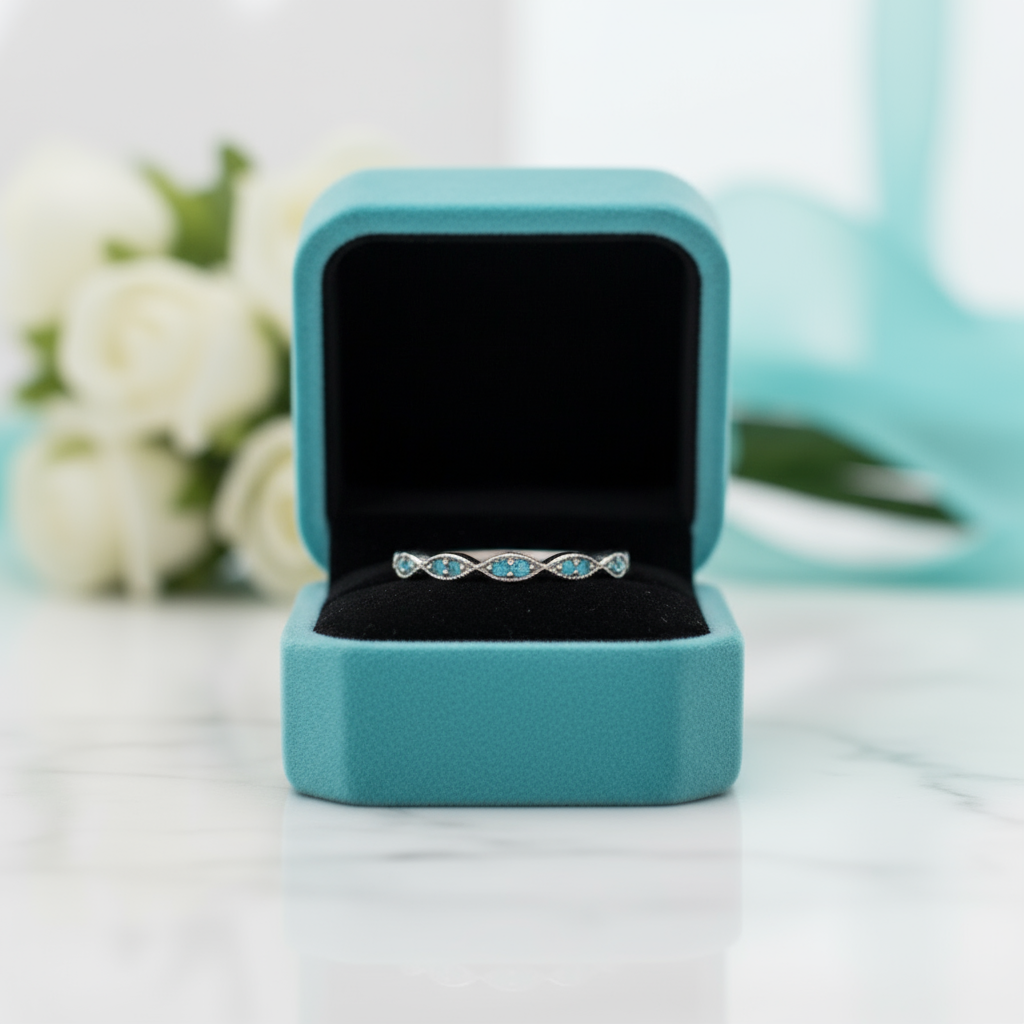 Scalloped Round Cut Aquamarine Stackable Wedding Band-Evani Jewelry