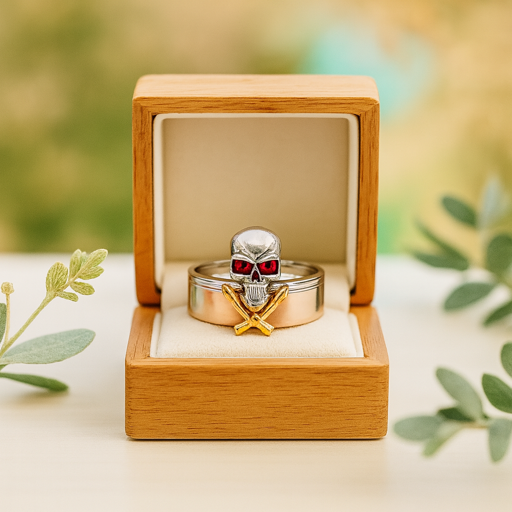 Silver skull ring with red eyes and gold accents in a wooden box with a natural background