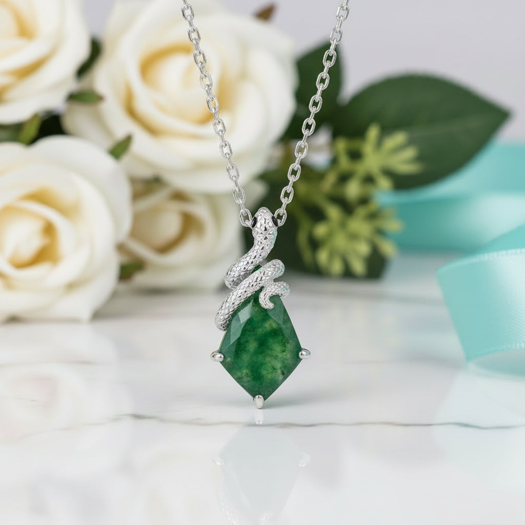 Evergreen Promise- Snake Natural Moss Agate Pendant Necklace-Evani Jewelry