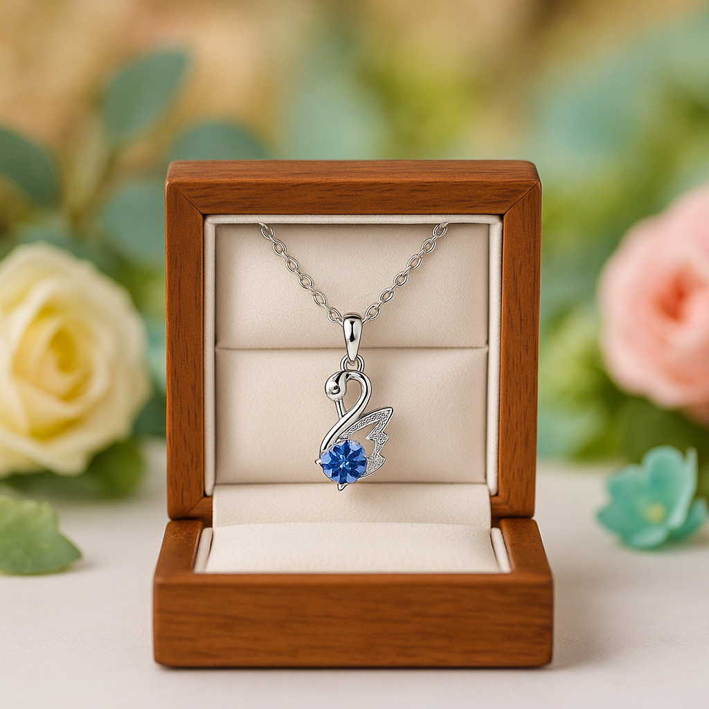 Silver swan necklace with blue gem in a wooden box with flowers in the background