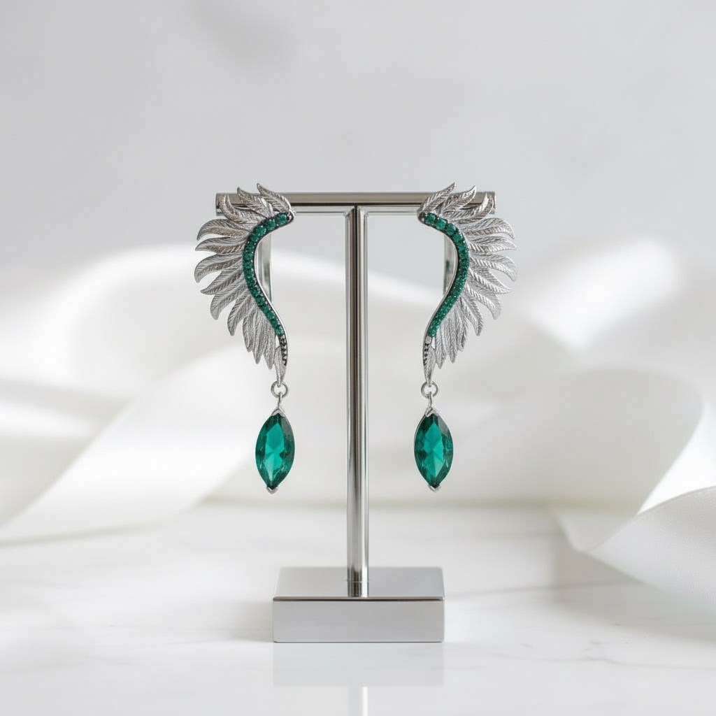 Wings of Forever- Angel Wings Feather Natural Moss Agate Earrings