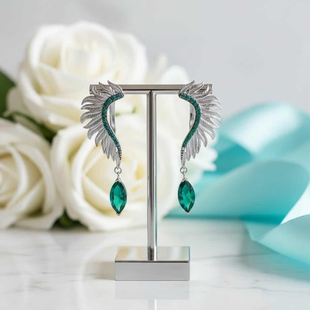 Wings of Forever- Angel Wings Feather Natural Moss Agate Earrings-Evani Jewelry