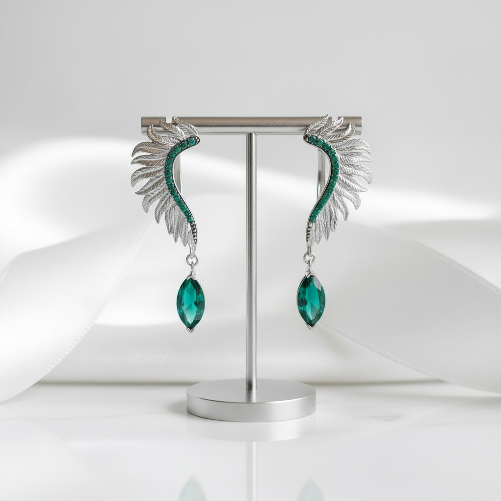 Wings of Forever- Angel Wings Feather Natural Moss Agate Earrings