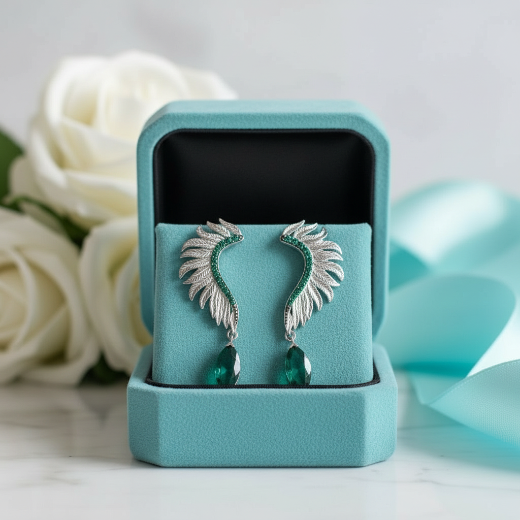 Wings of Forever- Angel Wings Feather Natural Moss Agate Earrings - Evani Naomi Jewelry
