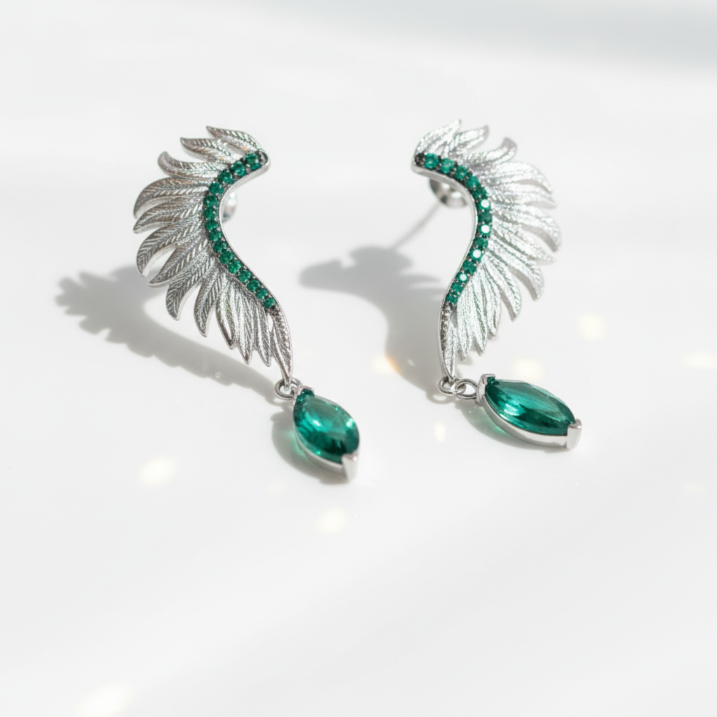Wings of Forever- Angel Wings Feather Natural Moss Agate Earrings