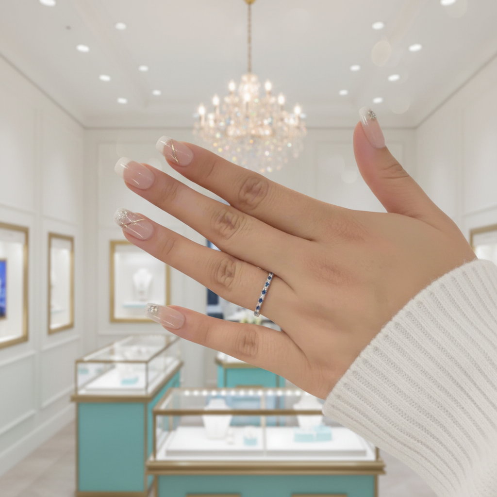 Simple 0.3ct Blue And White Sapphire Half Eternity Wedding Band-Evani Jewelry