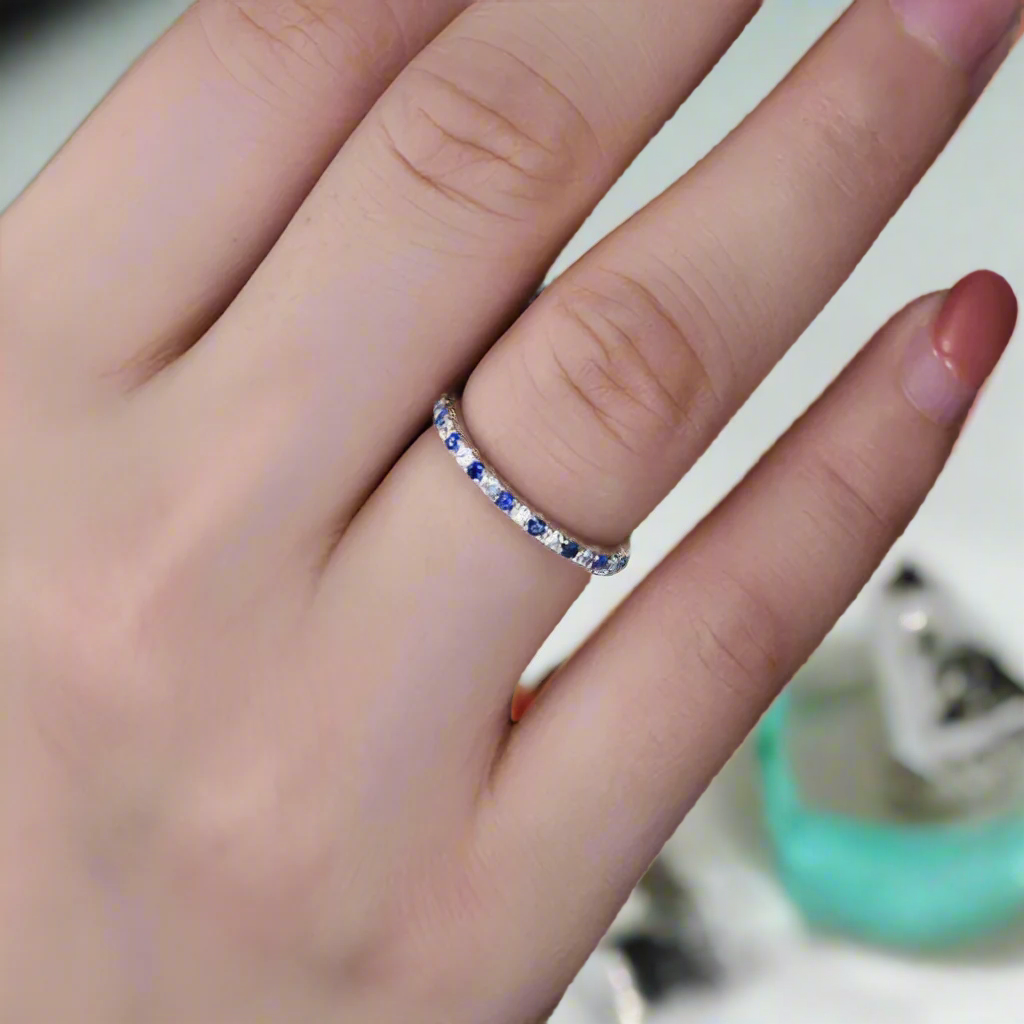 Simple 0.3ct Blue And White Sapphire Half Eternity Wedding Band-Evani Naomi Jewelry