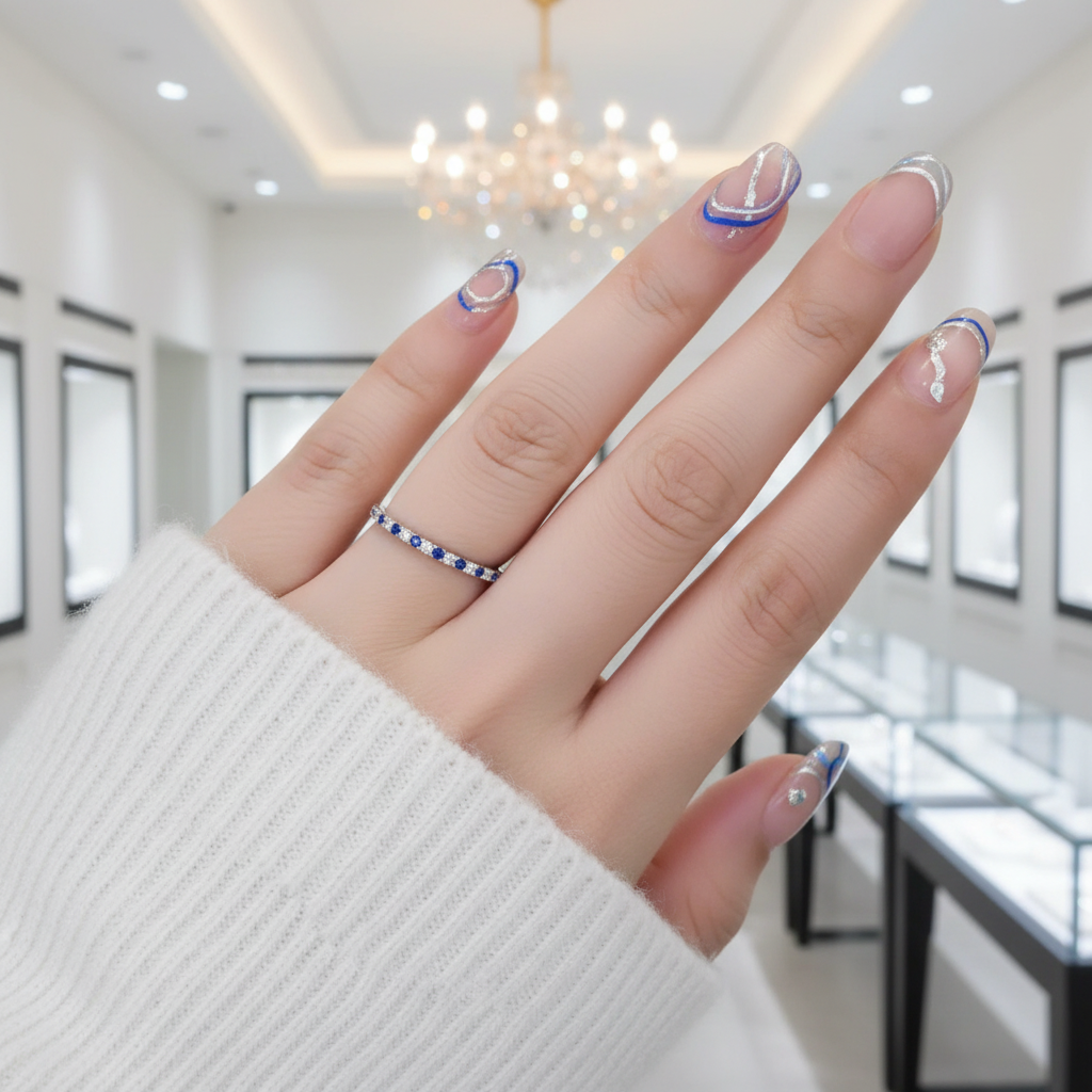 Simple 0.3ct Blue And White Sapphire Half Eternity Wedding Band-Evani Jewelry