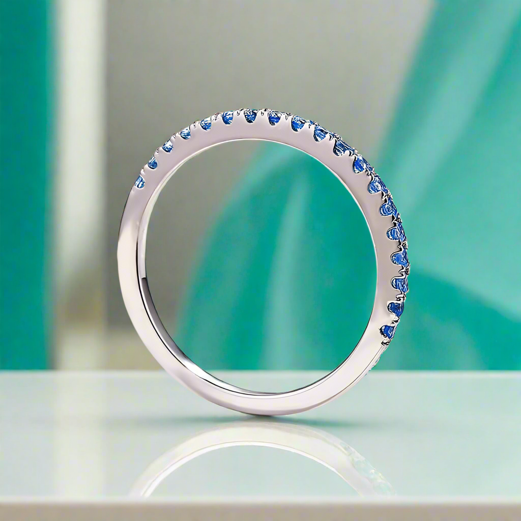 Simple Light Aquamarine Blue Half Eternity Wedding Band-Evani Naomi Jewelry