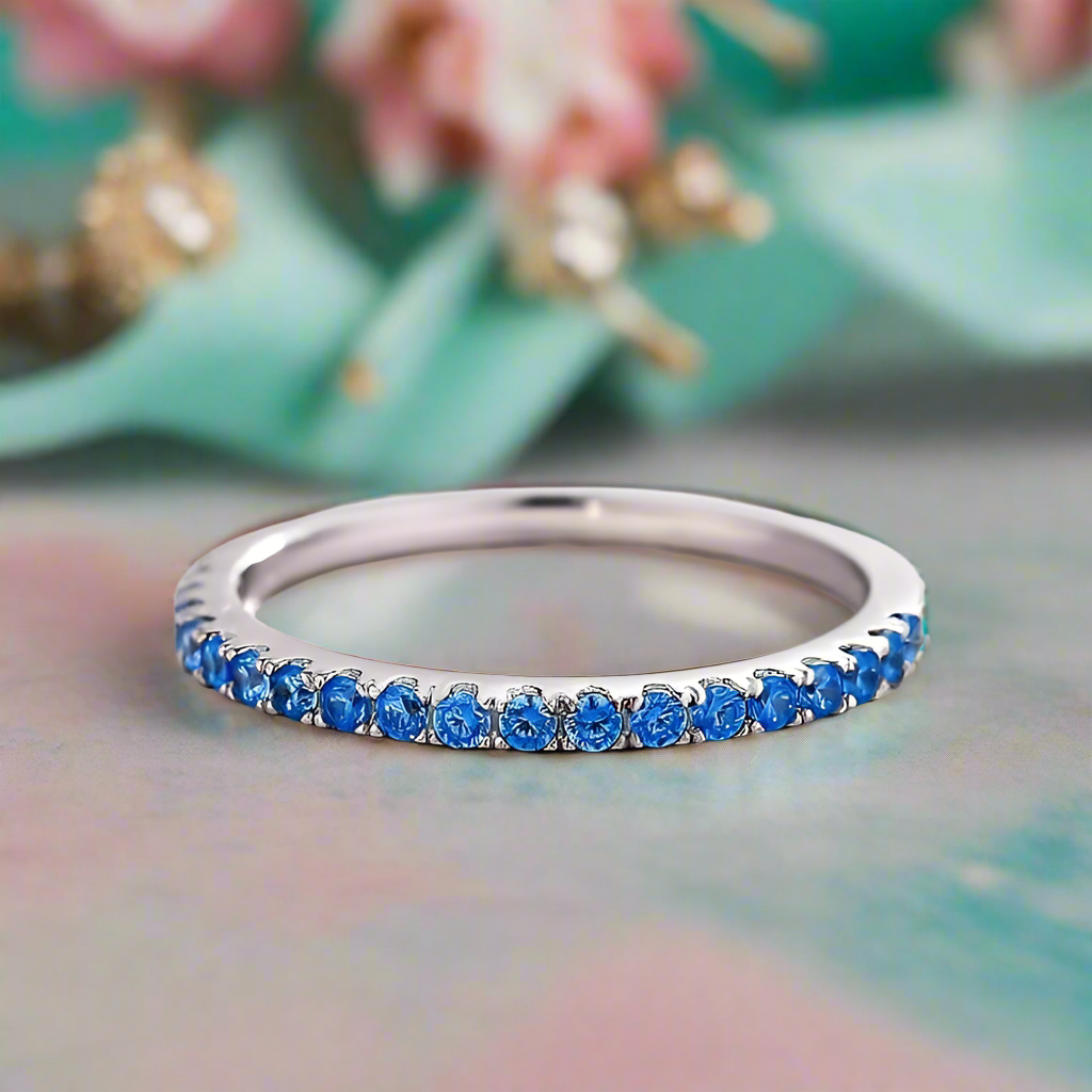 Simple Light Aquamarine Blue Half Eternity Wedding Band-Evani Naomi Jewelry