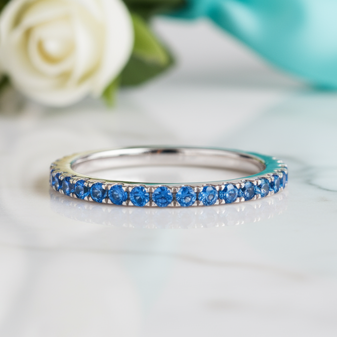 Simple Light Aquamarine Half Eternity Wedding Band-Evani Jewelry