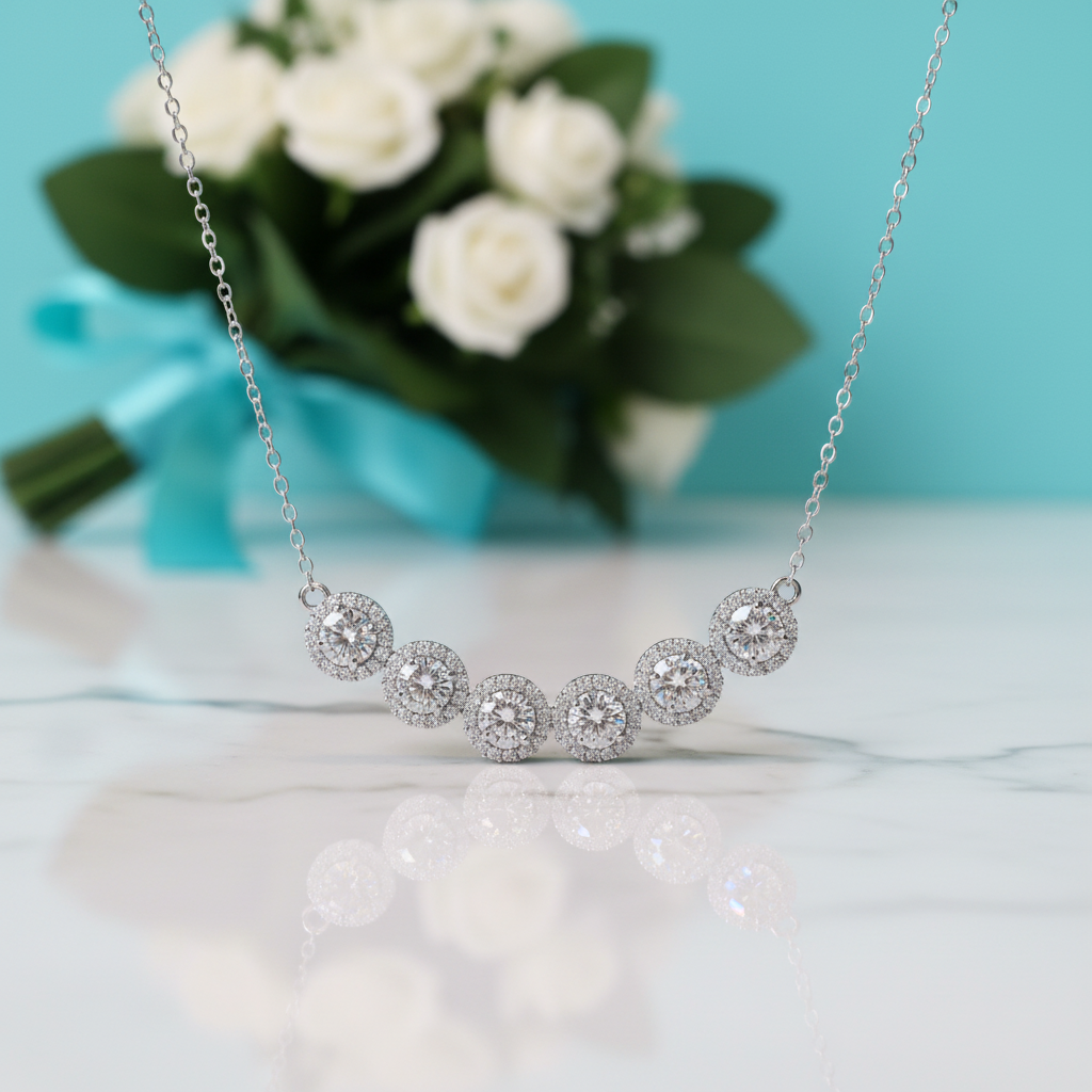 Six Round Diamond Halo Pendant Necklace-Evani Jewelry