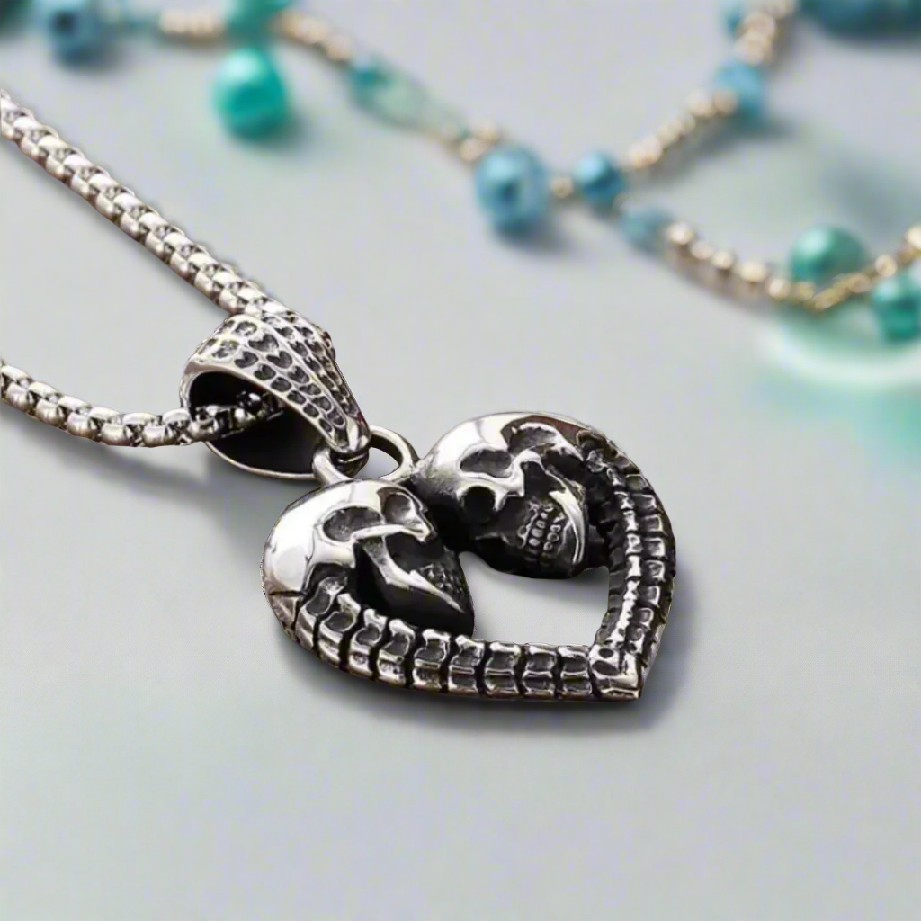 Skull and Skeleton Heart-Shaped Pendant Punk Necklace-Evani Naomi Jewelry