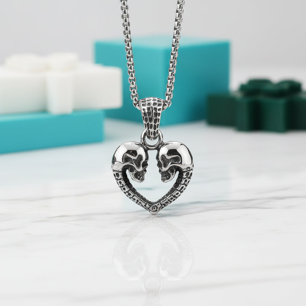 Skull and Skeleton Heart-Shaped Pendant Punk Necklace-Evani Jewelry