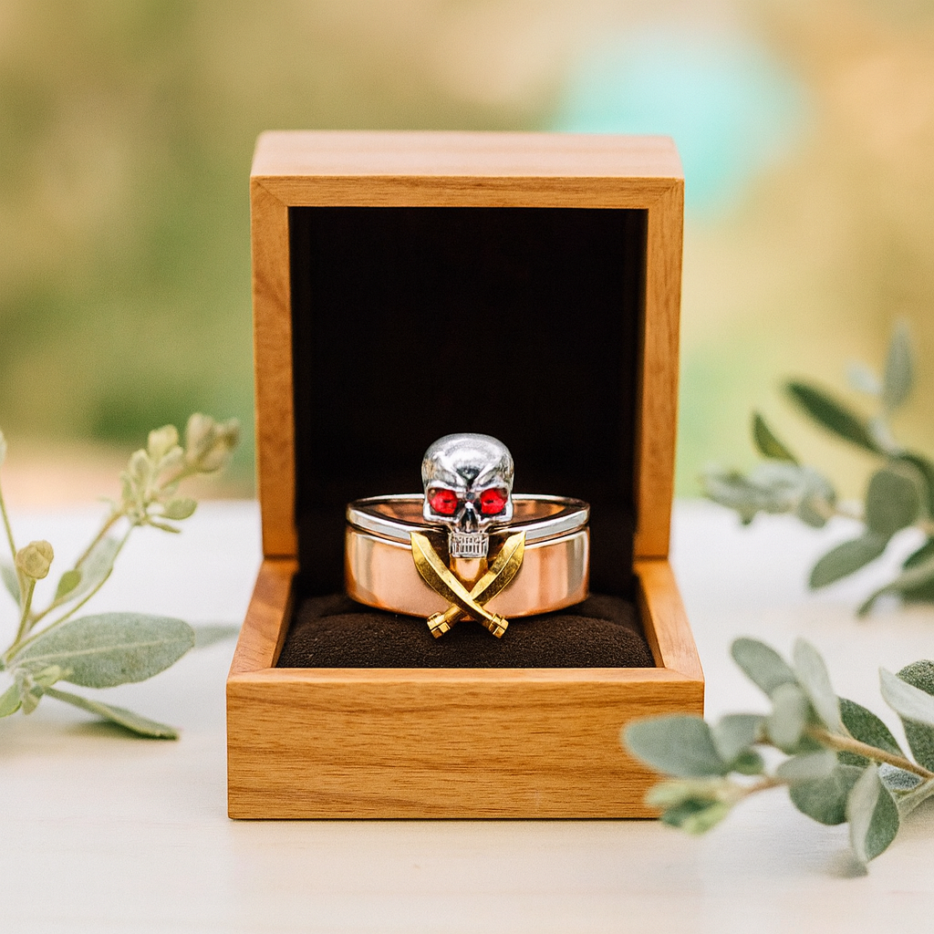 Skull ring with red eyes and gold accents in a wooden box with a natural background