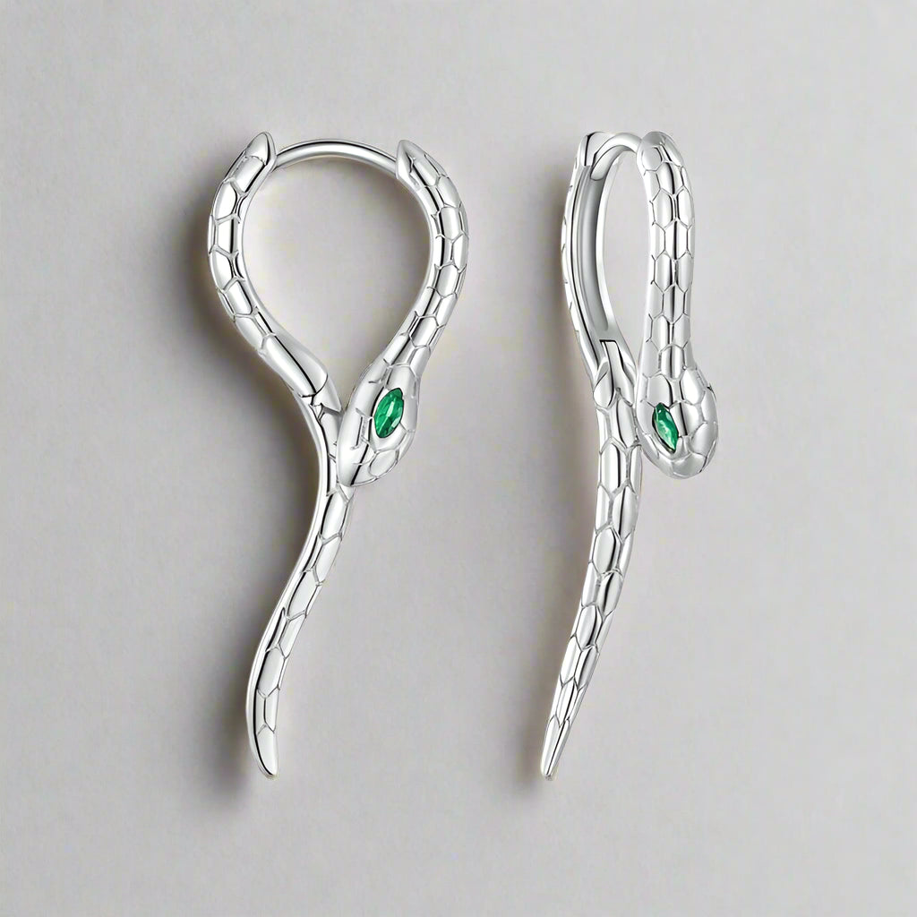 Snake Green Diamond Eyes Hoop Earrings-Evani Naomi Jewelry