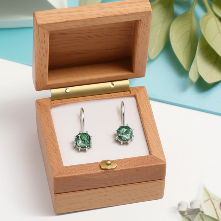 Green gemstone earrings in a wooden jewelry box with a light blue background