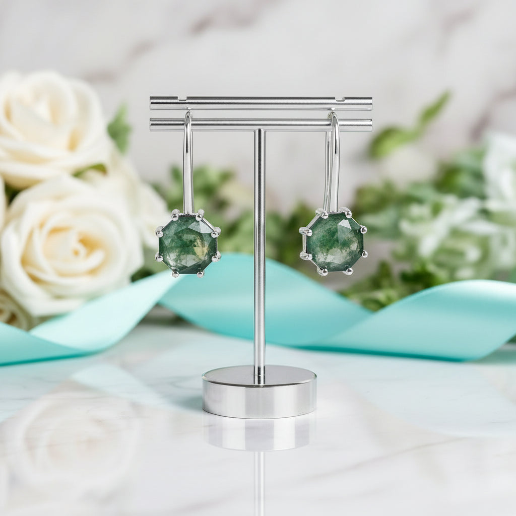 Soul Mate- Natural Octagon Cut Moss Agate Earrings-Evani Jewelry